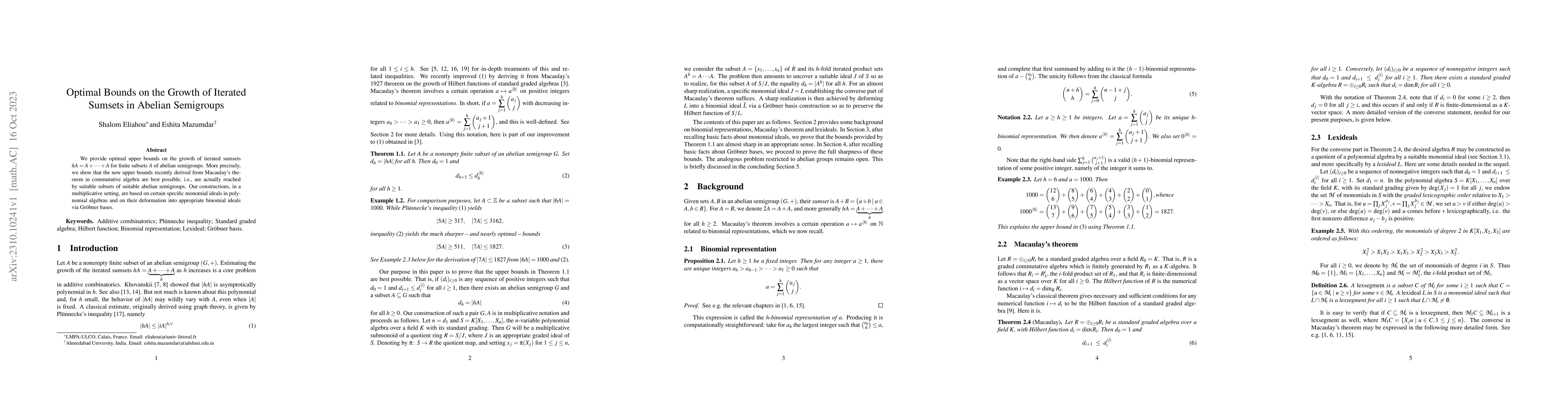 Thumbnail for Optimal Bounds on the Growth of Iterated Sumsets in Abelian Semigroups