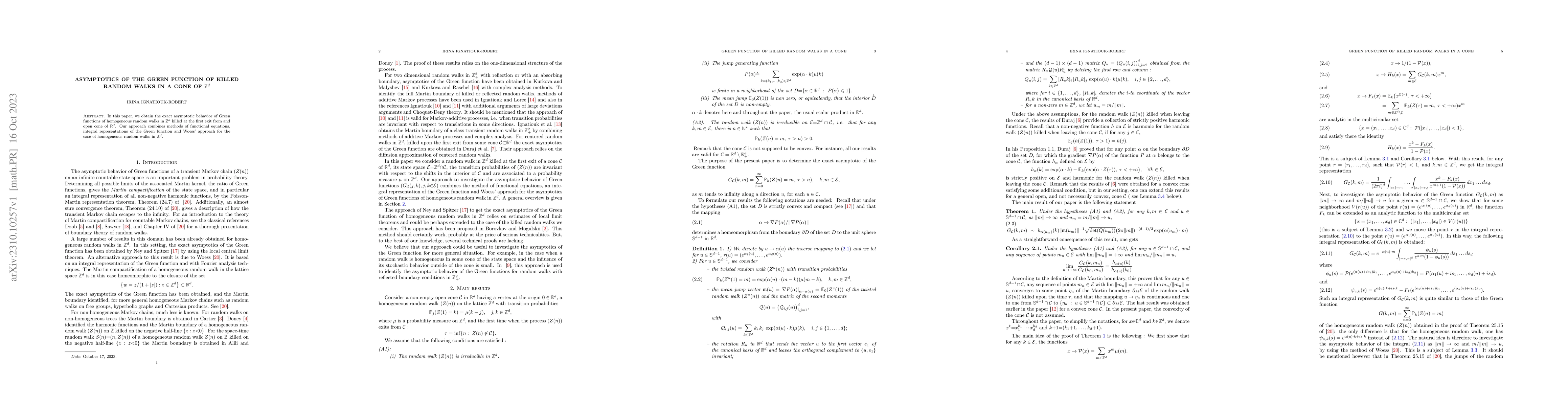 Thumbnail for Asymptotics of the Green function of killed random walks in a cone of
  $\Z^d$