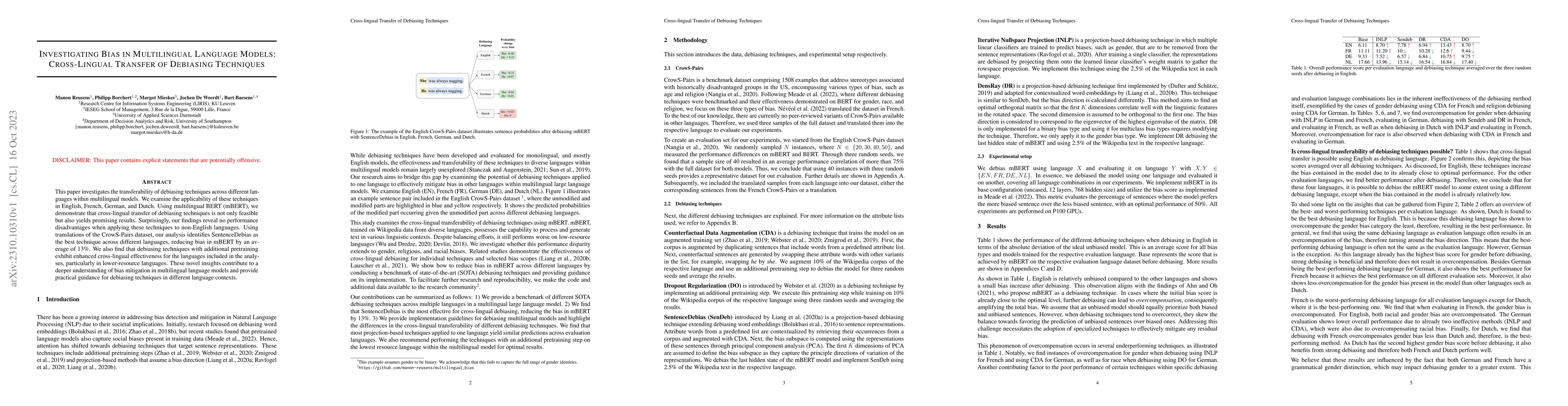 Thumbnail for Investigating Bias in Multilingual Language Models: Cross-Lingual
  Transfer of Debiasing Techniques