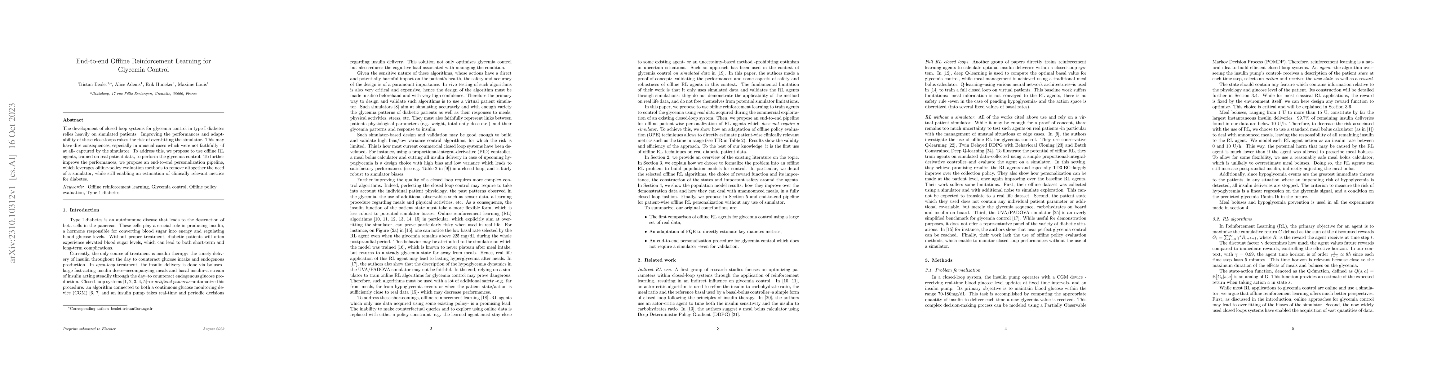 Thumbnail for End-to-end Offline Reinforcement Learning for Glycemia Control