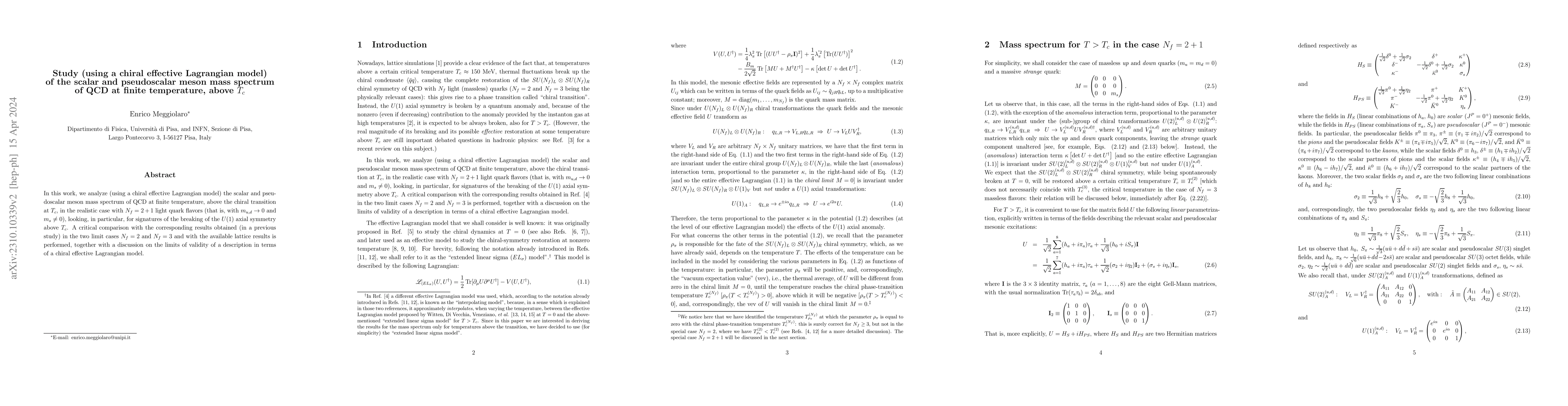 Thumbnail for Study (using a chiral effective Lagrangian model) of the scalar and
  pseudoscalar meson mass spectrum of QCD at finite temperature, above $T_c$