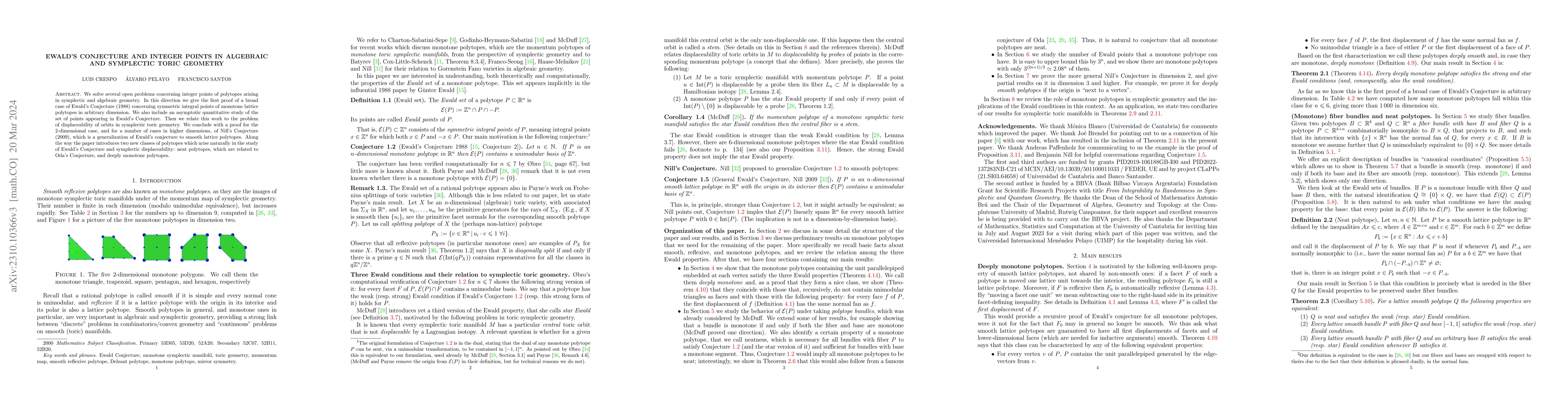Thumbnail for Ewald's Conjecture and integer points in algebraic and symplectic toric
  geometry