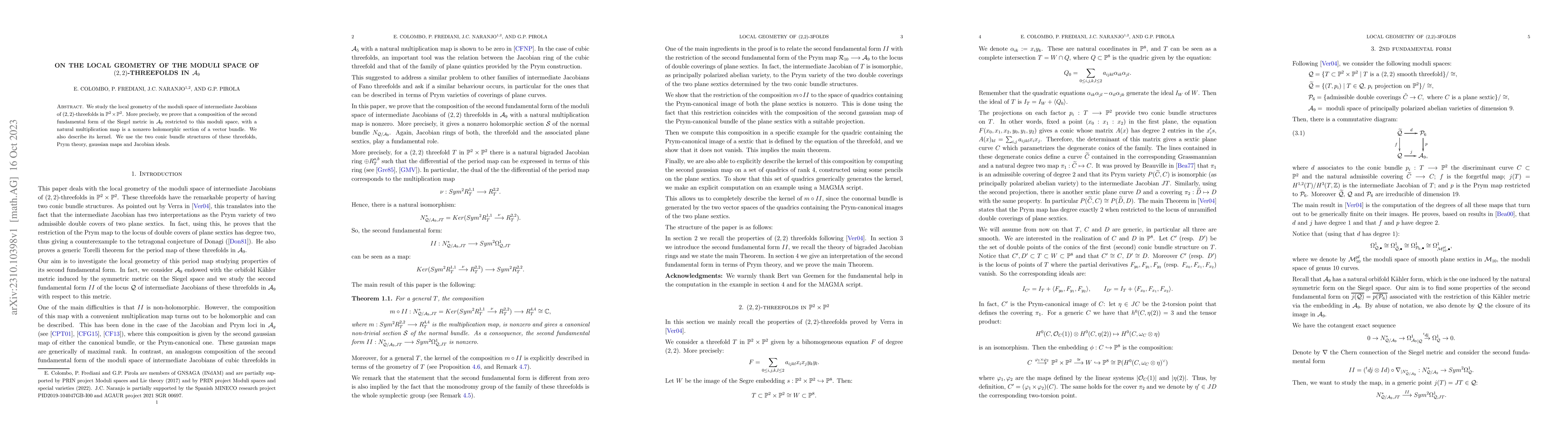 Thumbnail for On the local geometry of the moduli space of $(2,2)$-threefolds in
  ${\mathcal A}_9$