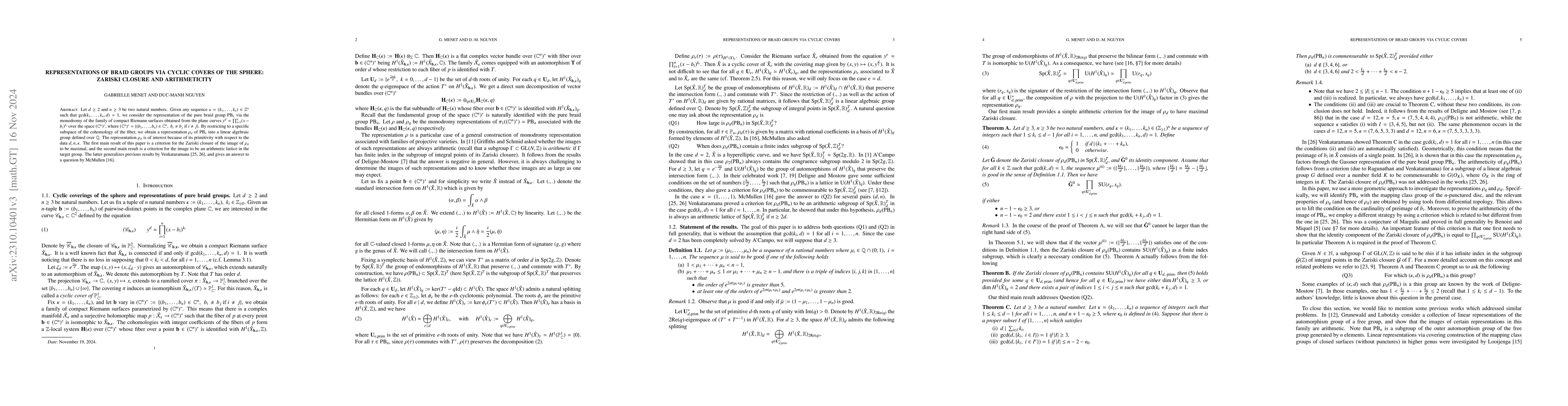 Thumbnail for Representations of braid groups via cyclic covers of the sphere: Zariski
  closure and arithmeticity
