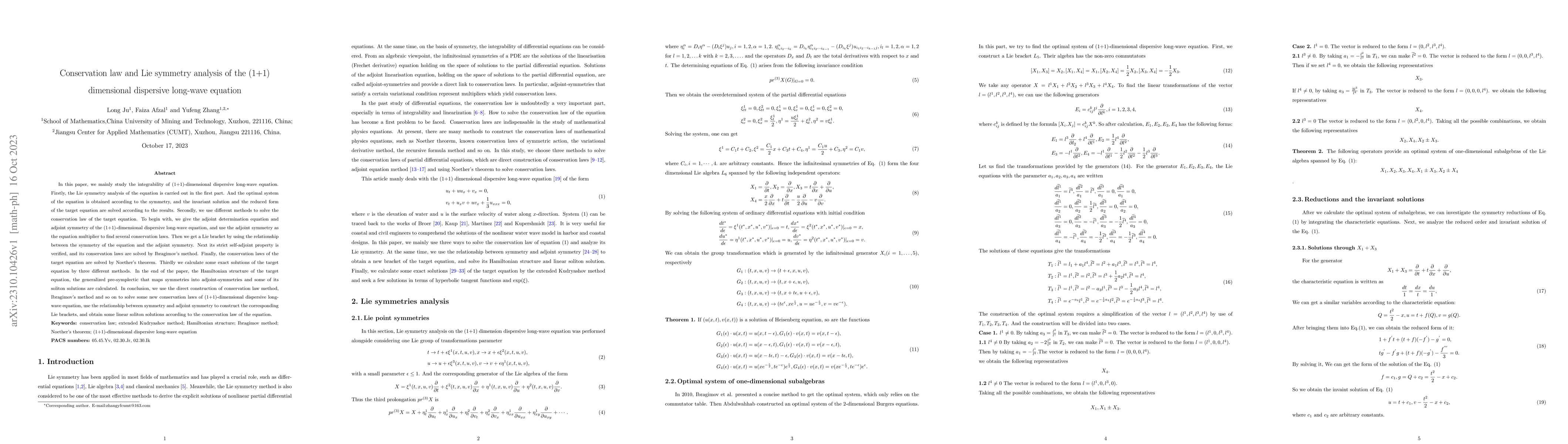 Thumbnail for Conservation law and Lie symmetry analysis of the (1+1) dimensional
  dispersive long-wave equation