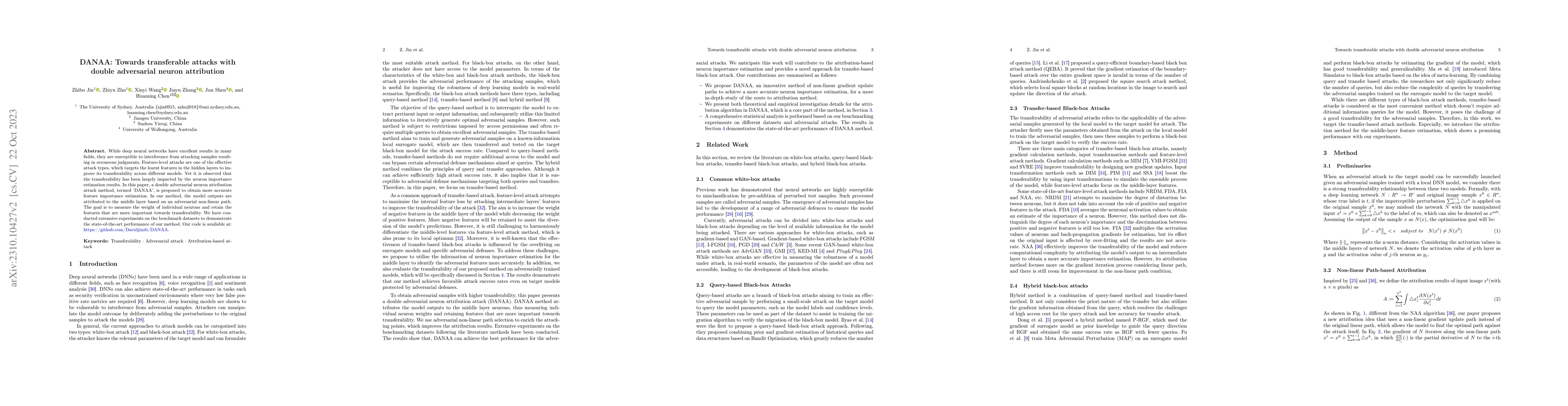 Thumbnail for DANAA: Towards transferable attacks with double adversarial neuron
  attribution