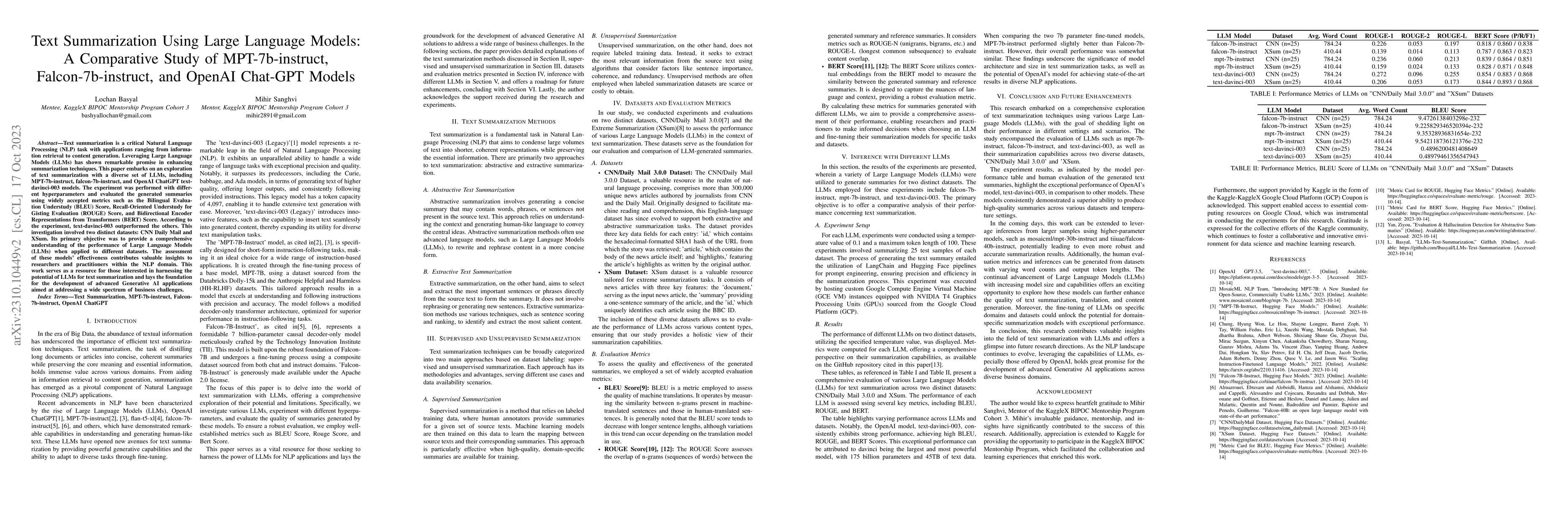 Thumbnail for Text Summarization Using Large Language Models: A Comparative Study of
  MPT-7b-instruct, Falcon-7b-instruct, and OpenAI Chat-GPT Models