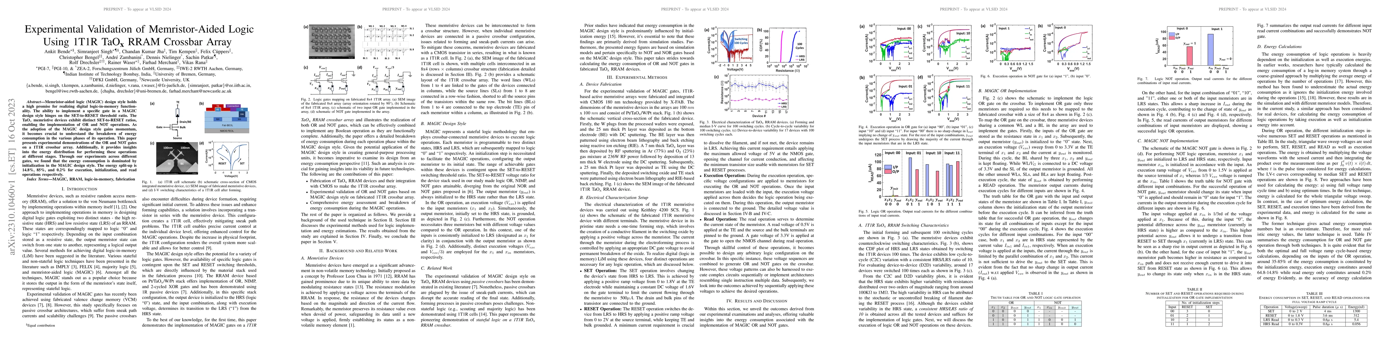 Thumbnail for Experimental Validation of Memristor-Aided Logic Using 1T1R TaOx RRAM
  Crossbar Array
