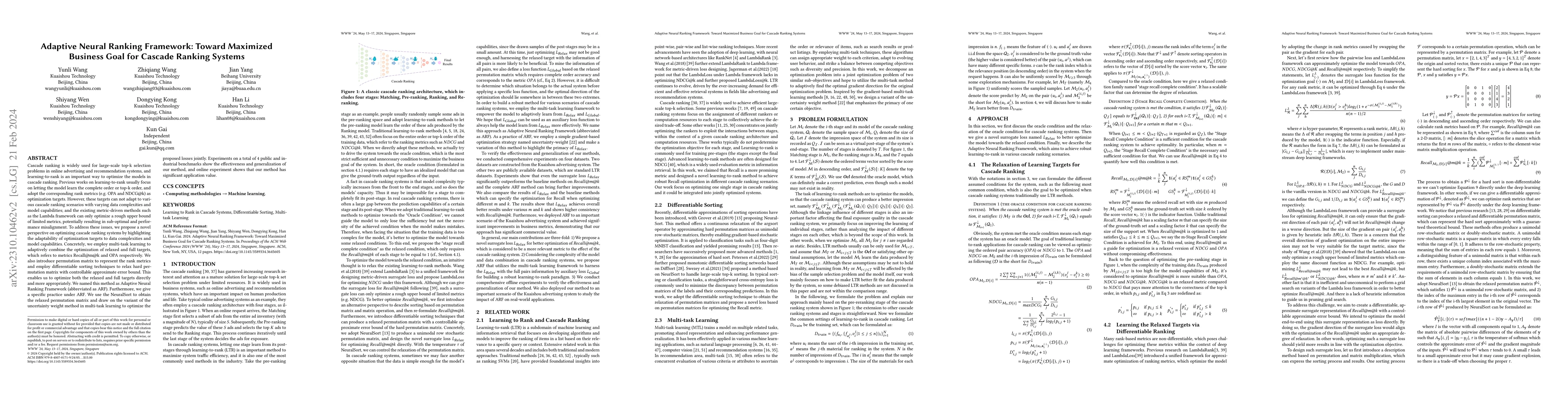 Thumbnail for Adaptive Neural Ranking Framework: Toward Maximized Business Goal for
  Cascade Ranking Systems