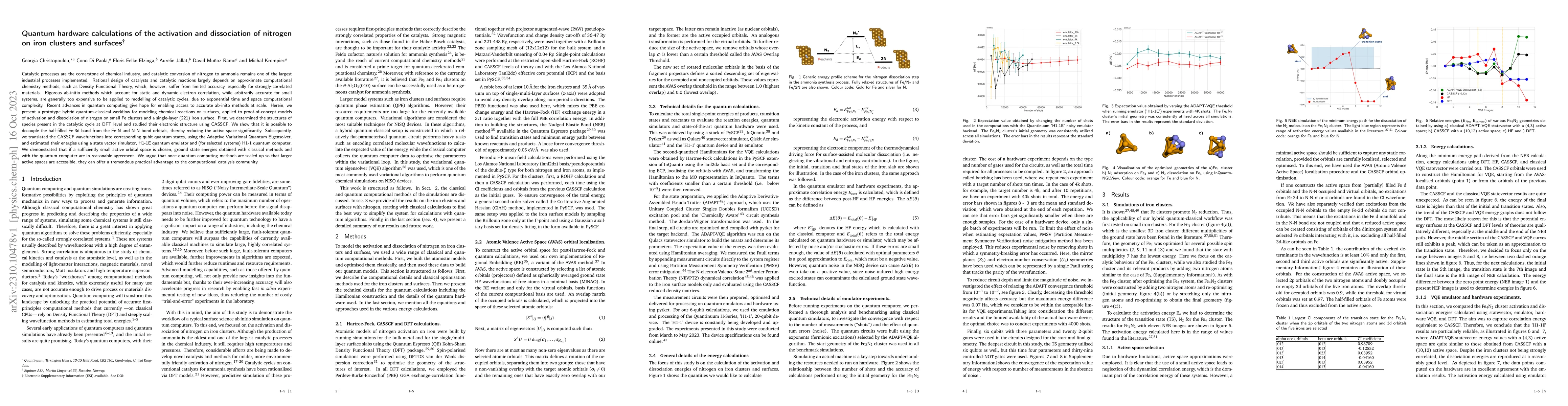 Thumbnail for Quantum hardware calculations of the activation and dissociation of
  nitrogen on iron clusters and surfaces