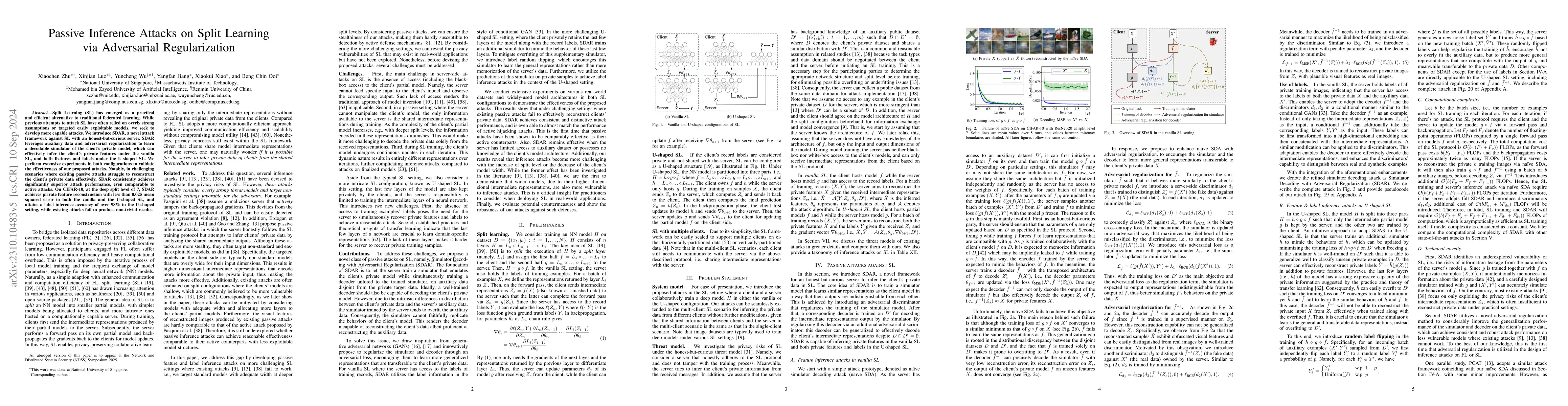 Thumbnail for Passive Inference Attacks on Split Learning via Adversarial
  Regularization