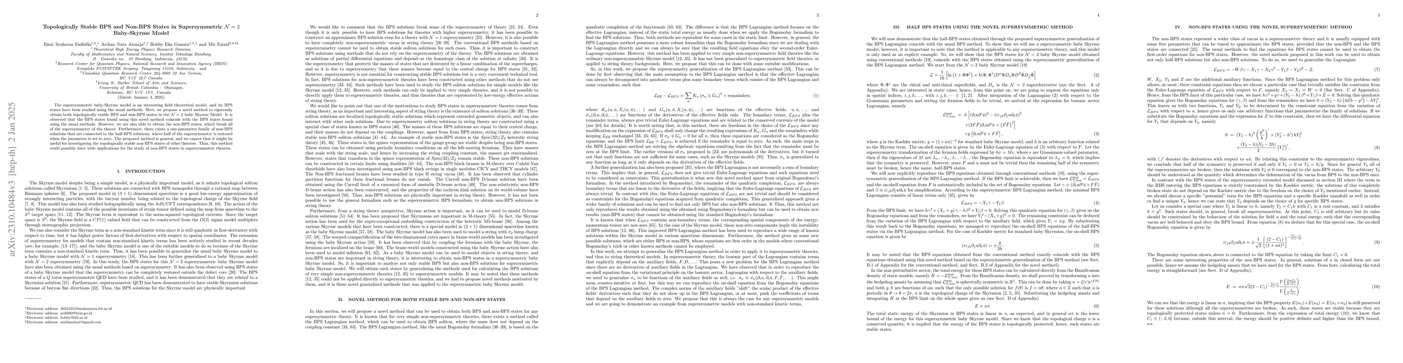 Thumbnail for Topologically Stable BPS and Non-BPS States in Supersymmetric
  $\mathcal{N}=2$ Baby-Skyrme Model