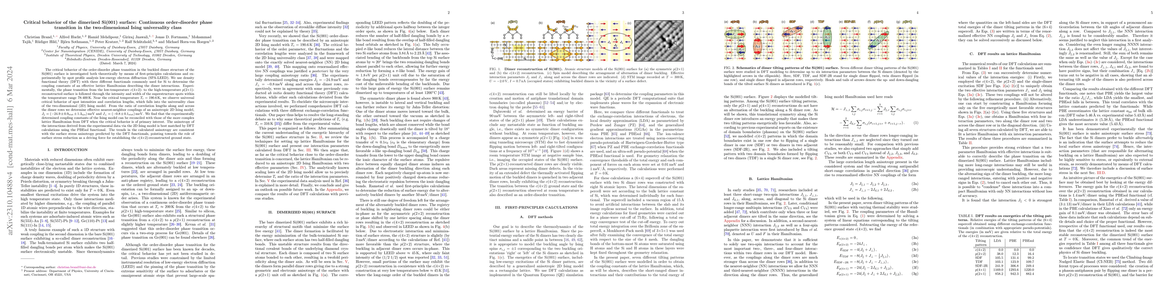 Thumbnail for Critical behavior of the dimerized Si(001) surface: Continuous
  order-disorder phase transition in the two-dimensional Ising universality
  class