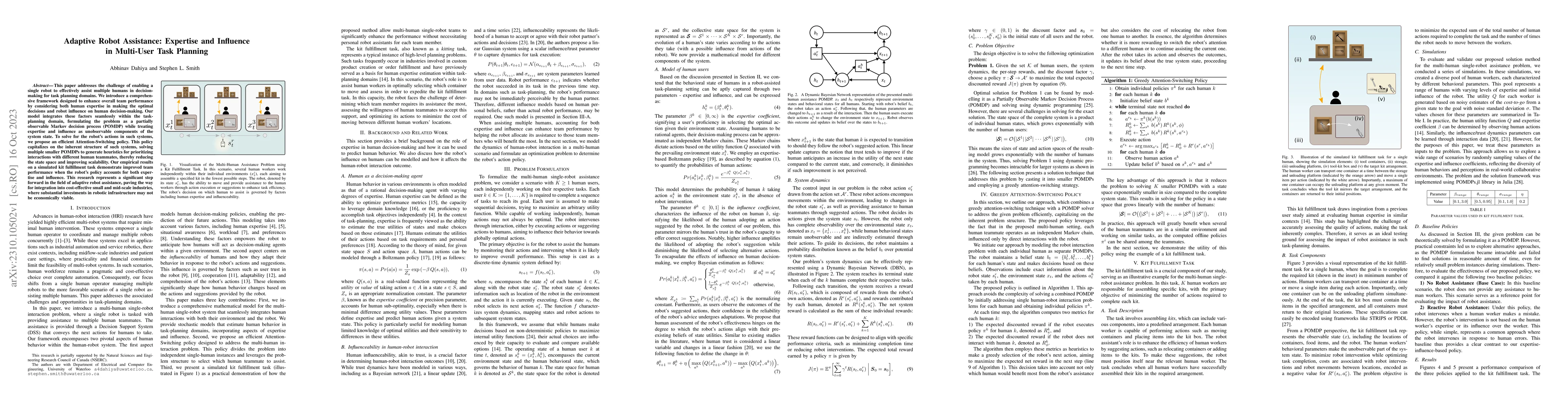 Thumbnail for Adaptive Robot Assistance: Expertise and Influence in Multi-User Task
  Planning