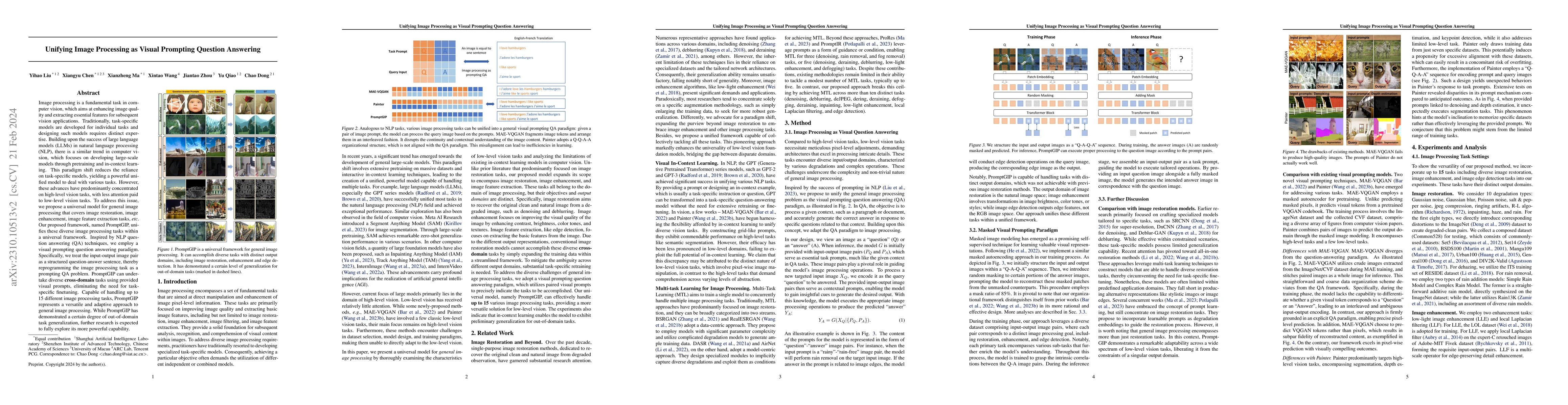 Thumbnail for Unifying Image Processing as Visual Prompting Question Answering