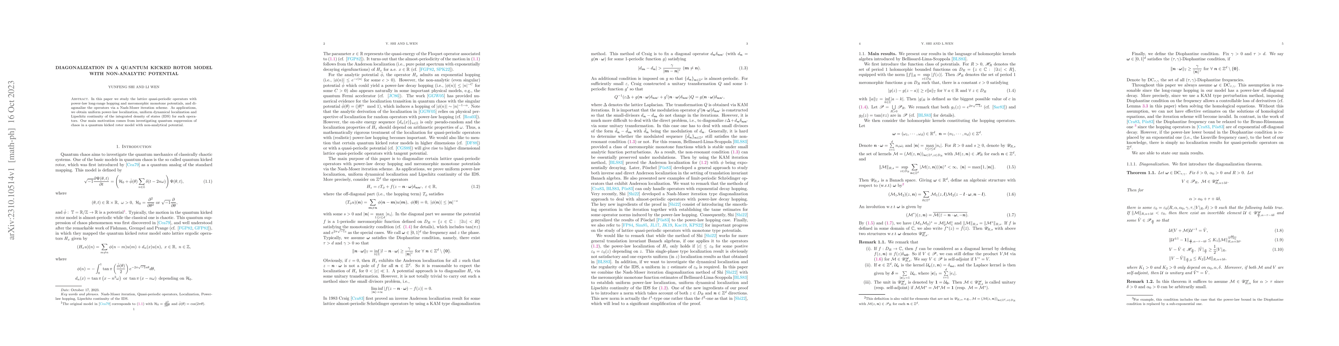 Thumbnail for Diagonalization in a quantum kicked rotor model with non-analytic
  potential