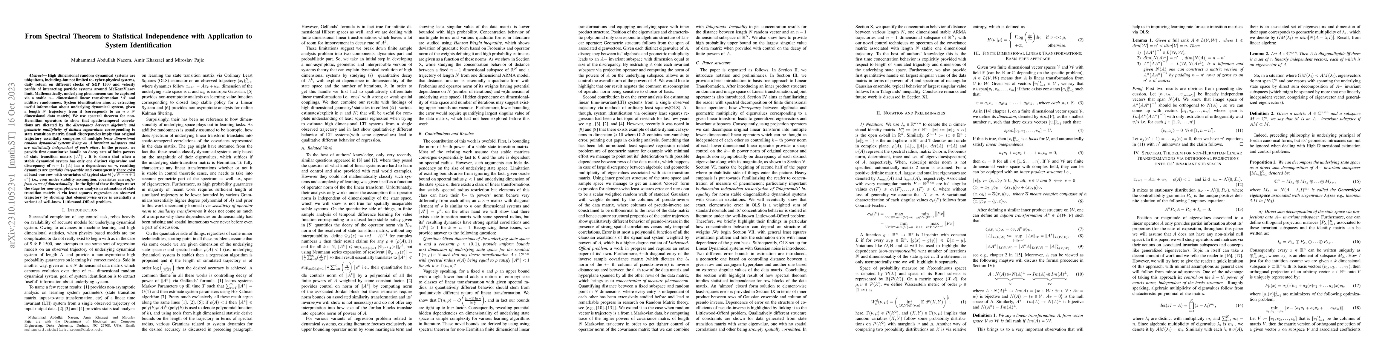 Thumbnail for From Spectral Theorem to Statistical Independence with Application to
  System Identification