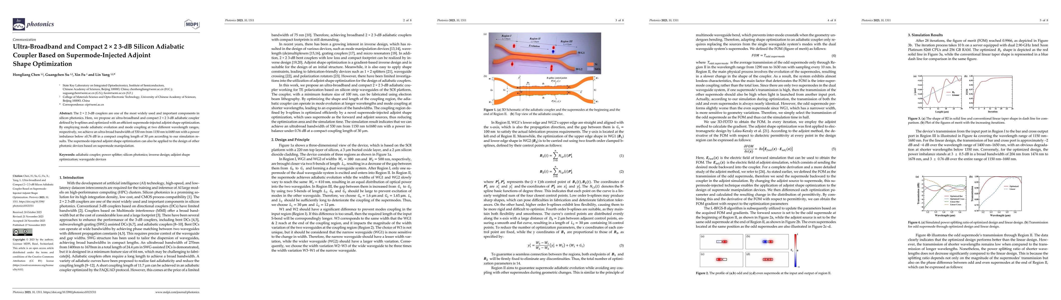 Thumbnail for Ultra-broadband and compact 2$\times$2 3-dB silicon adiabatic coupler
  based on supermode-injected adjoint shape optimization