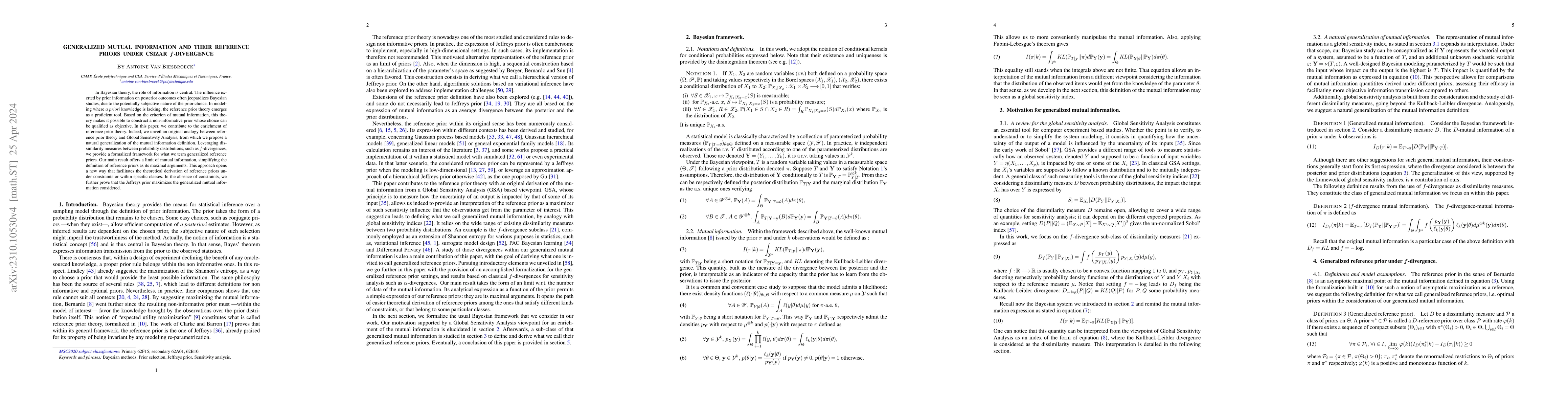 Thumbnail for Generalized mutual information and their reference priors under Csizar
  f-divergence