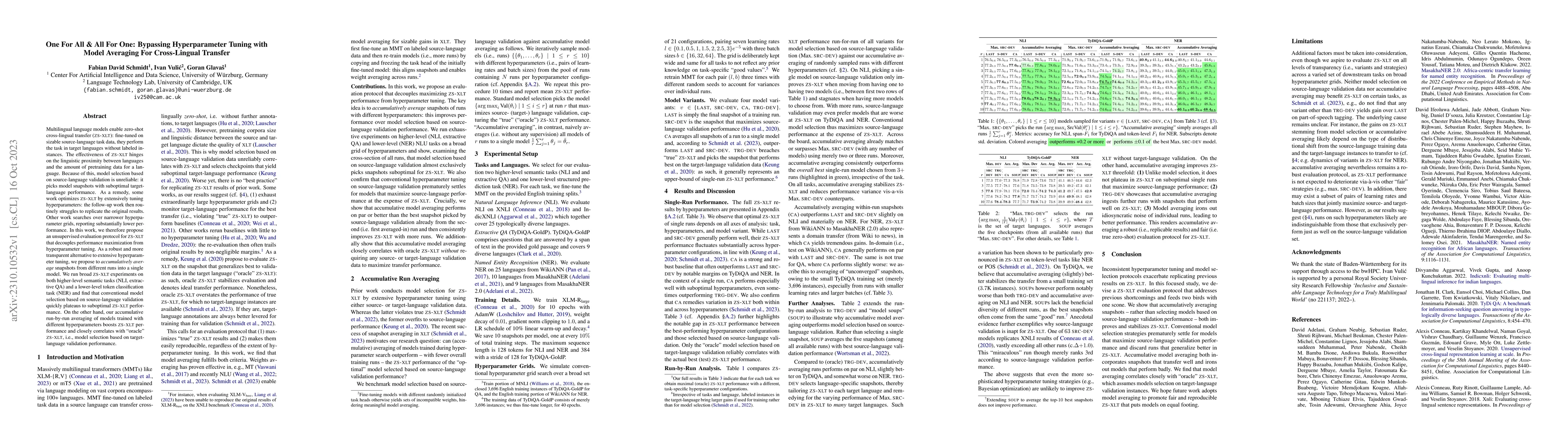 Thumbnail for One For All & All For One: Bypassing Hyperparameter Tuning with Model
  Averaging For Cross-Lingual Transfer