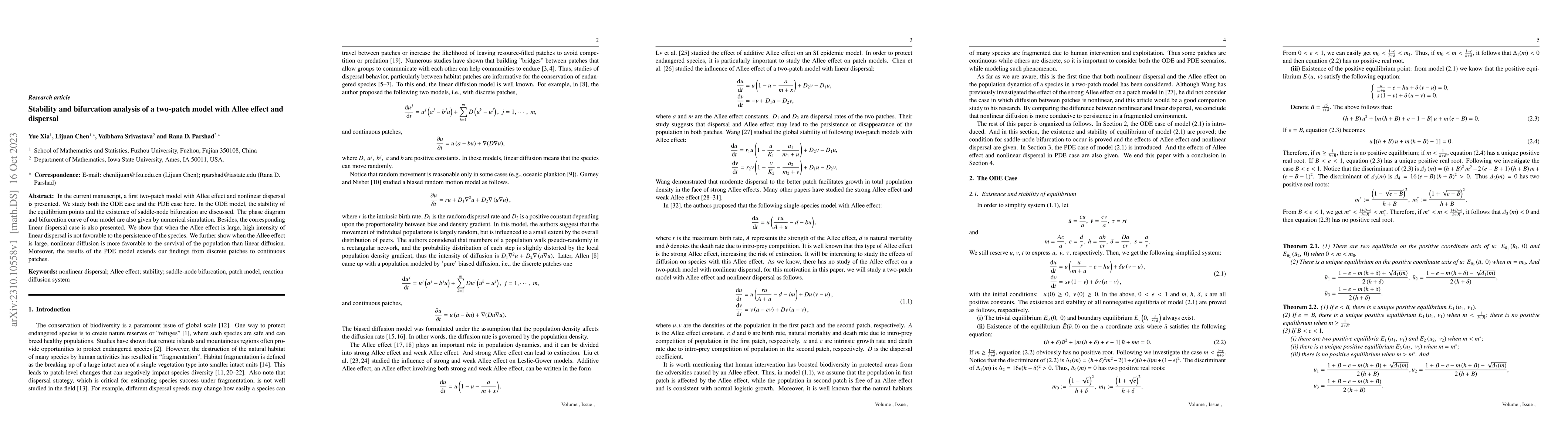 Thumbnail for Stability and bifurcation analysis of a two-patch model with Allee
  effect and dispersal