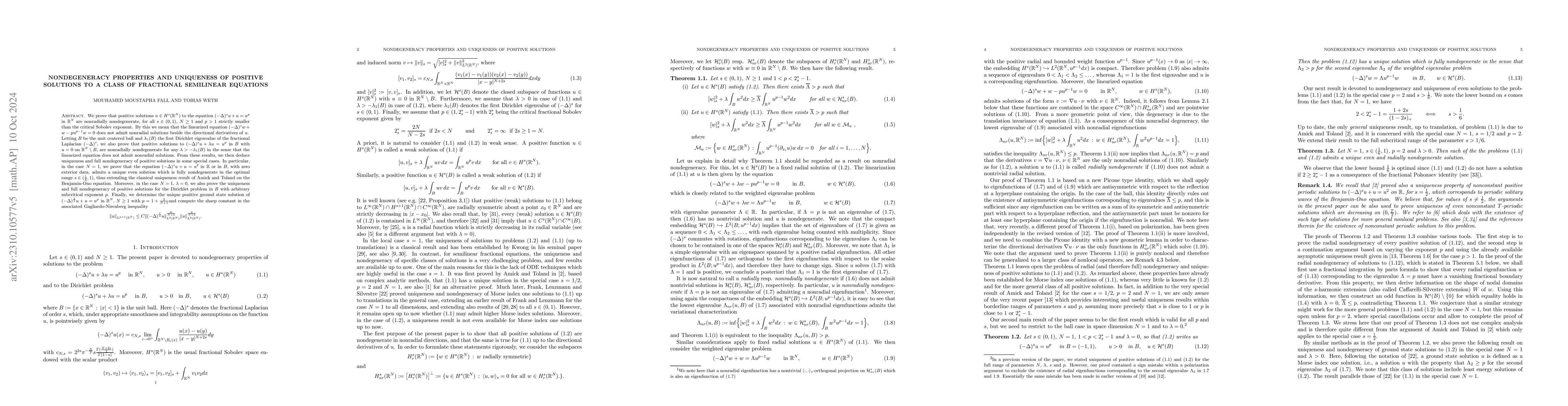 Thumbnail for Nonradial nondegeneracy and uniqueness of positive solutions to a class
  of fractional semilinear equations