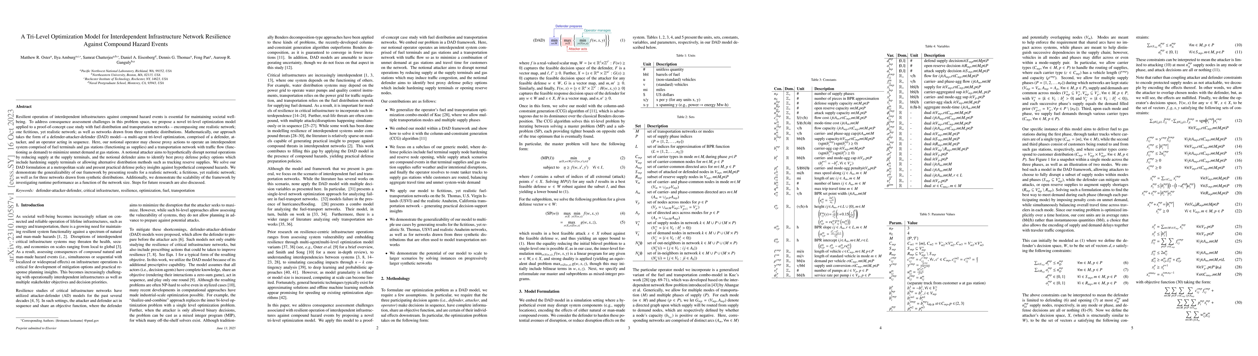 Thumbnail for A Tri-Level Optimization Model for Interdependent Infrastructure Network
  Resilience Against Compound Hazard Events