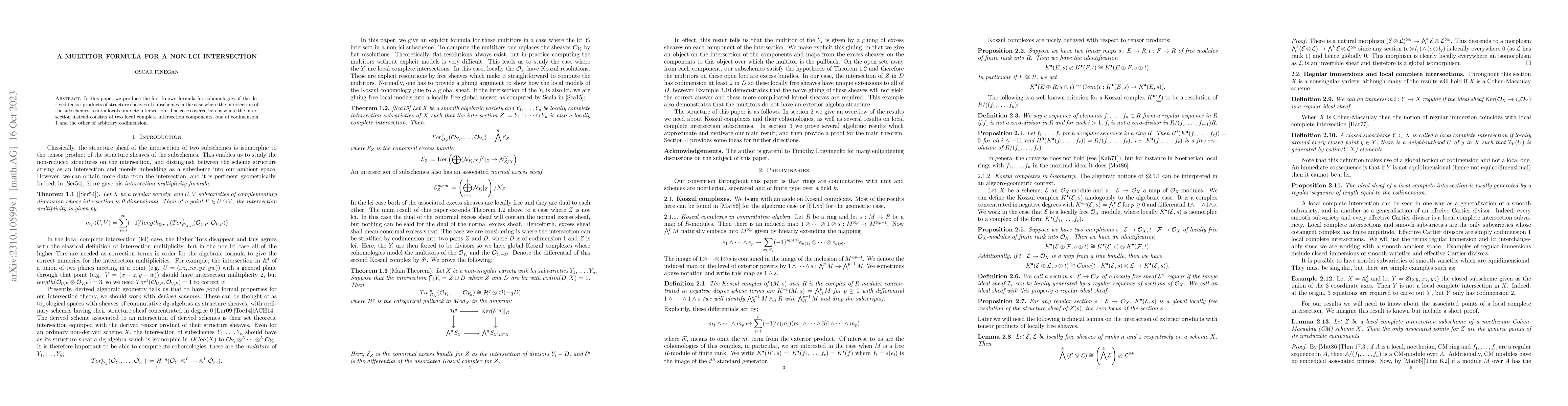 Thumbnail for A Multitor Formula for a Non-lci Intersection