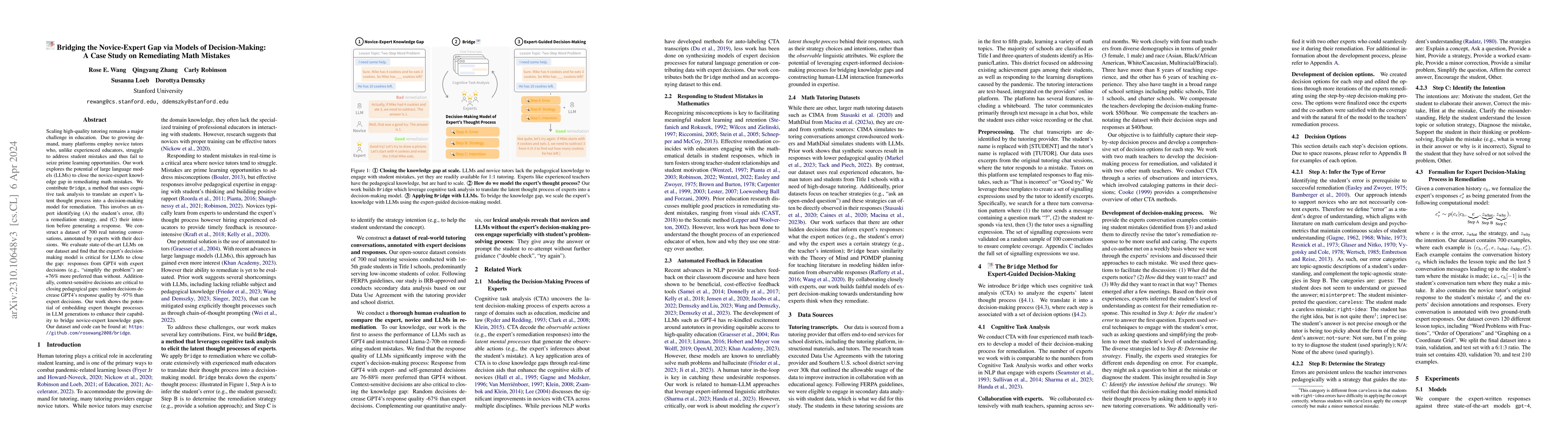 Thumbnail for Bridging the Novice-Expert Gap via Models of Decision-Making: A Case
  Study on Remediating Math Mistakes