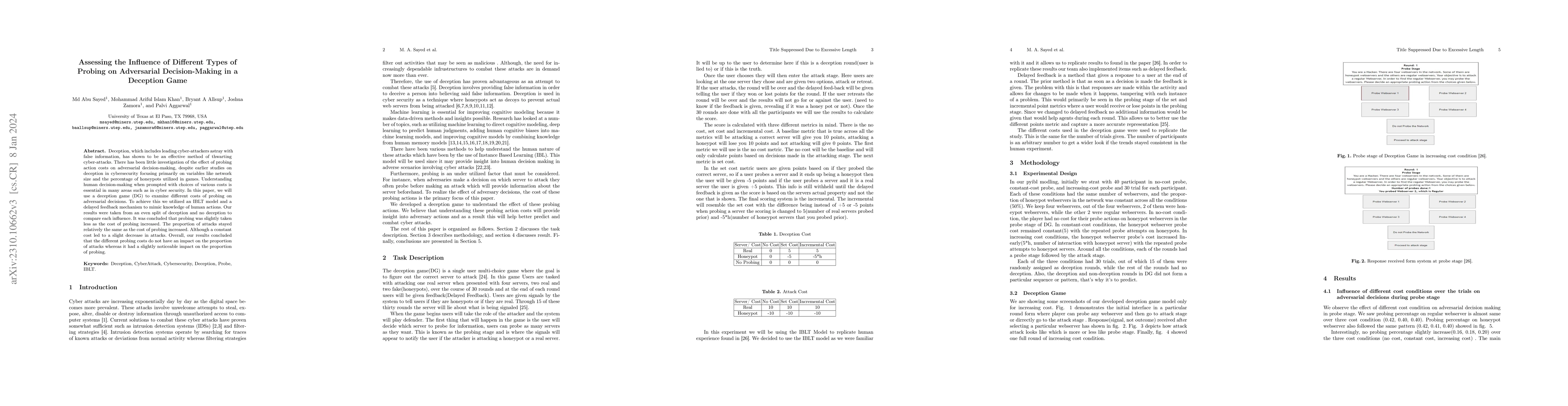 Thumbnail for Assessing the Influence of Different Types of Probing on Adversarial
  Decision-Making in a Deception Game