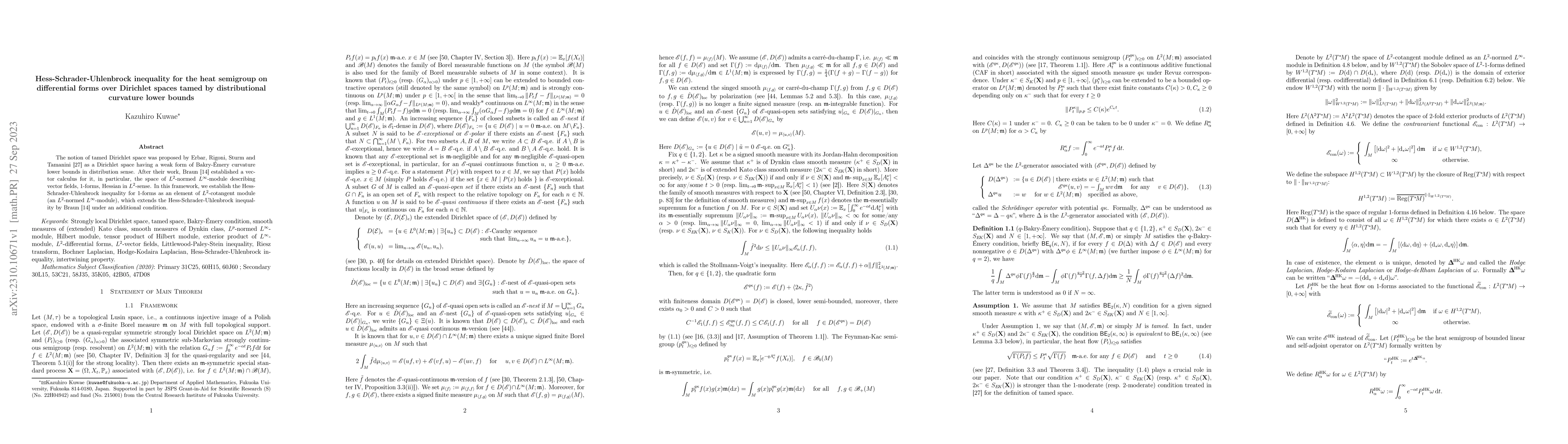 Thumbnail for Hess-Schrader-Uhlenbrock inequality for the heat semigroup on
  differential forms over Dirichlet spaces tamed by distributional curvature
  lower bounds