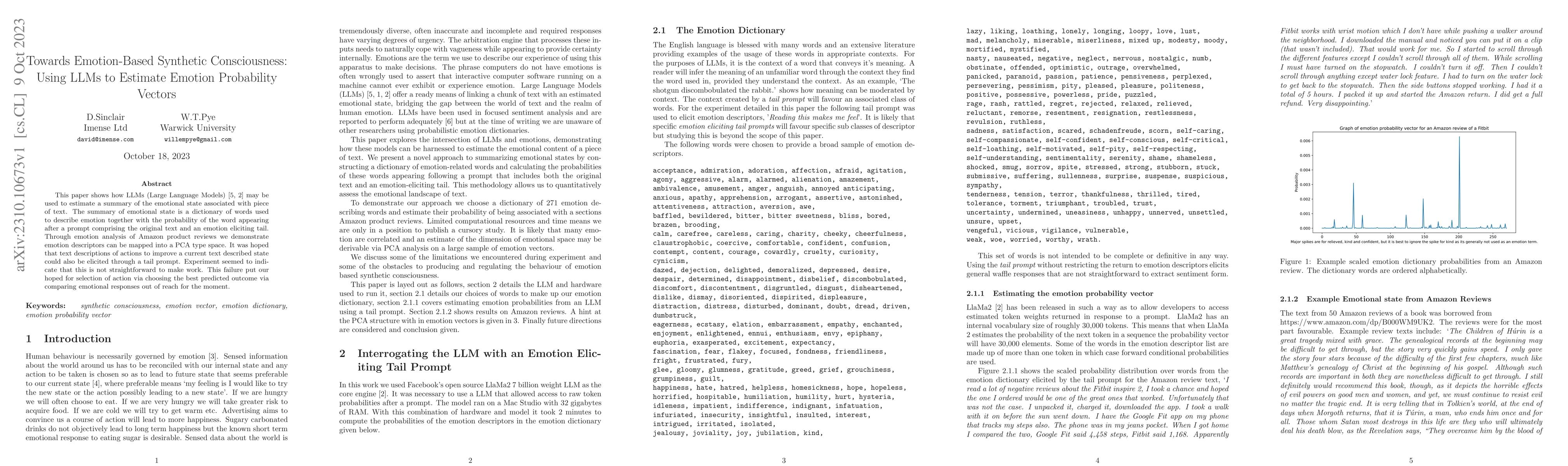 Thumbnail for Towards Emotion-Based Synthetic Consciousness: Using LLMs to Estimate
  Emotion Probability Vectors
