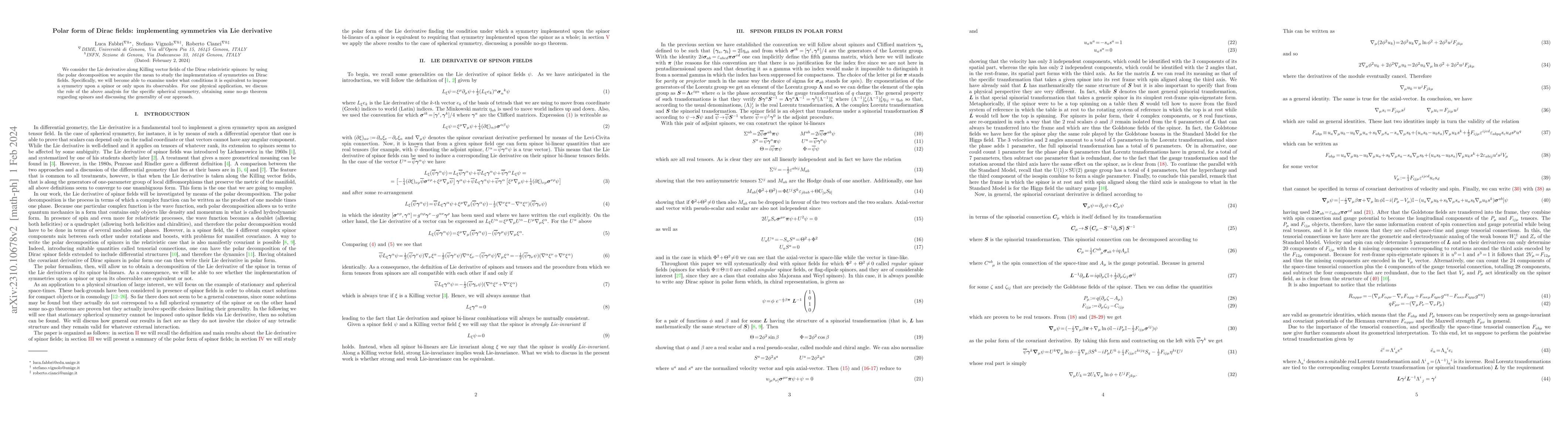 Thumbnail for Polar form of Dirac fields: implementing symmetries via Lie derivative