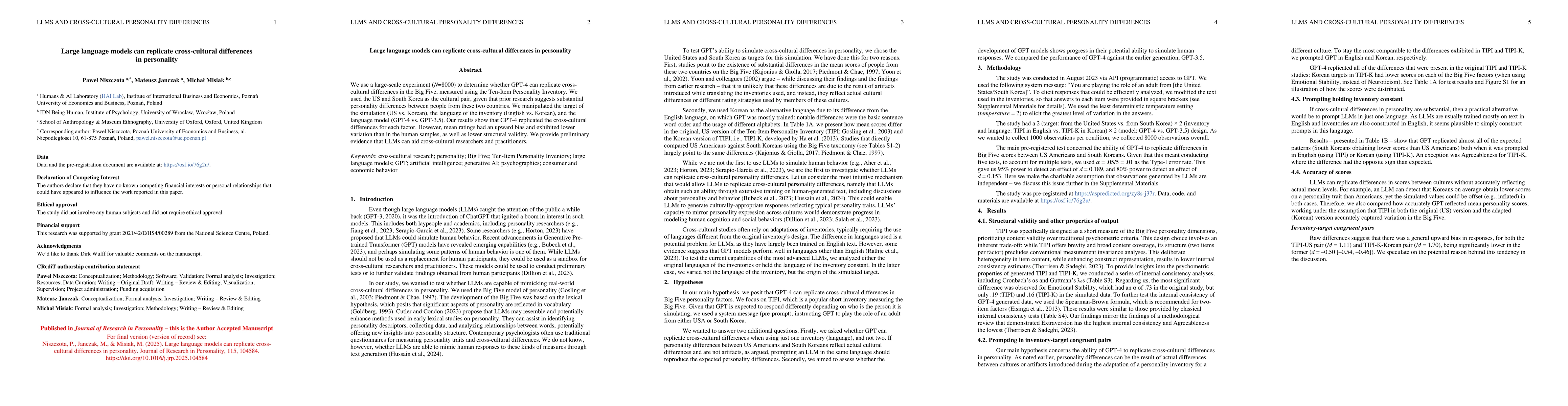 Thumbnail for Large language models can replicate cross-cultural differences in
  personality
