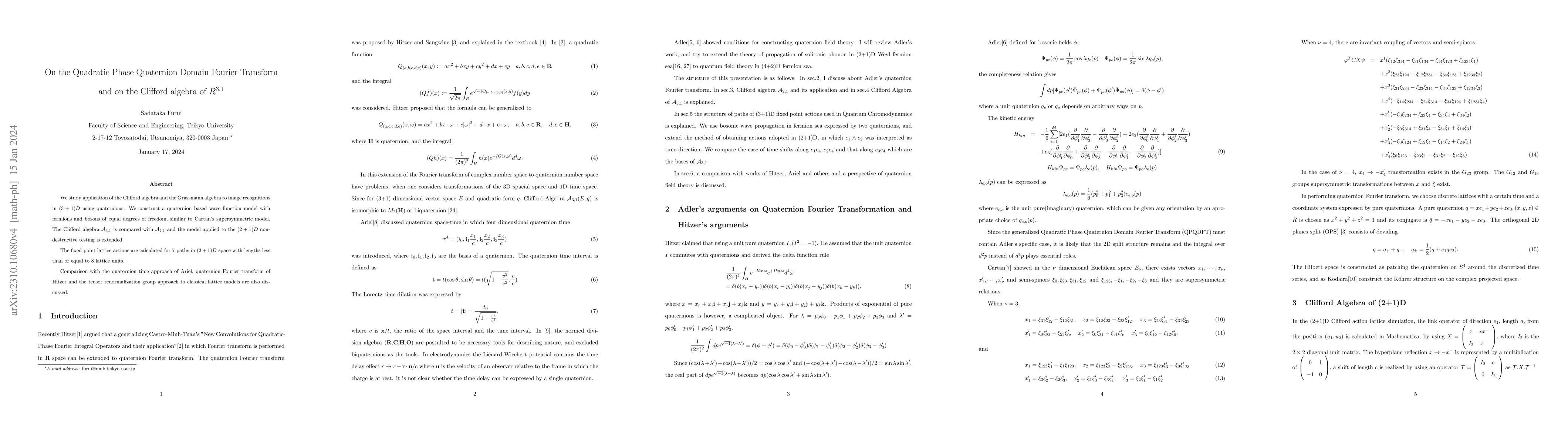 Thumbnail for On the Quadratic Phase Quaternion Domain Fourier Transform and on the
  Clifford algebra of $R^{3,1}$