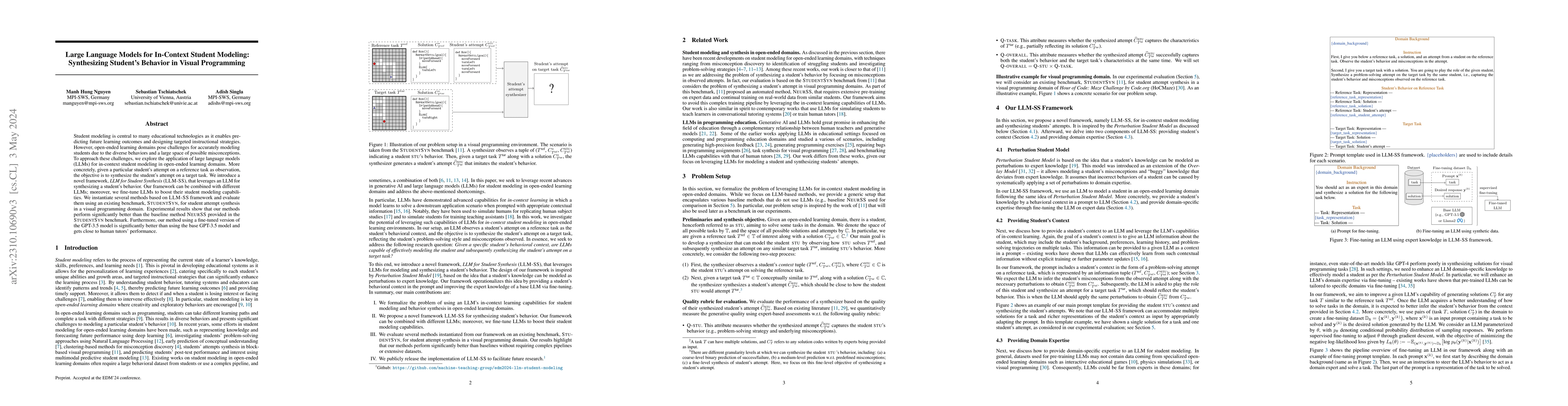 Thumbnail for Large Language Models for In-Context Student Modeling: Synthesizing
  Student's Behavior in Visual Programming