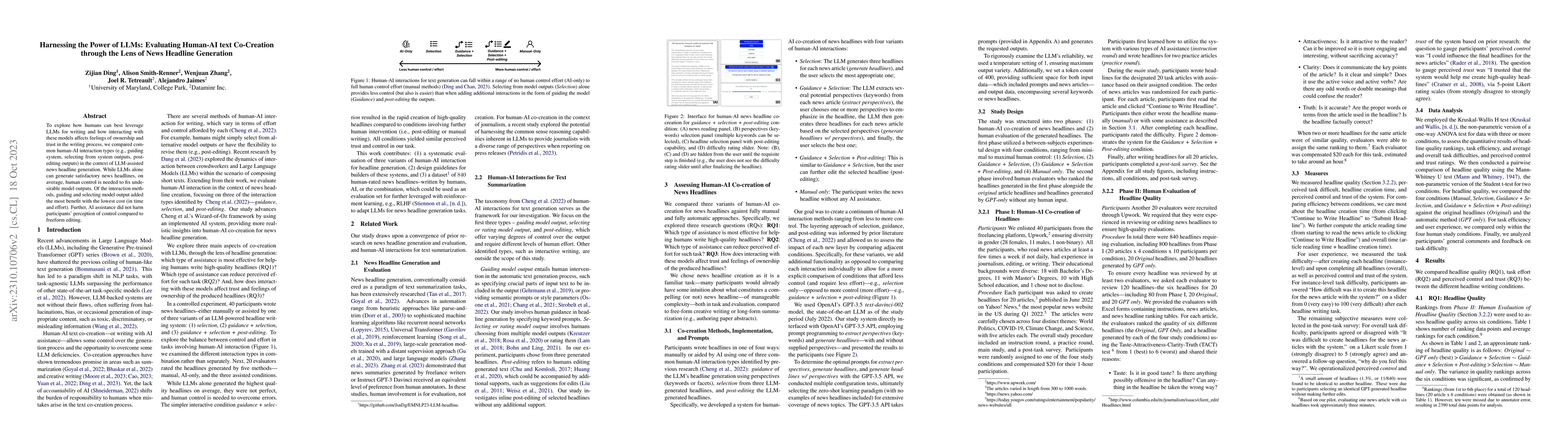 Thumbnail for Harnessing the Power of LLMs: Evaluating Human-AI Text Co-Creation
  through the Lens of News Headline Generation