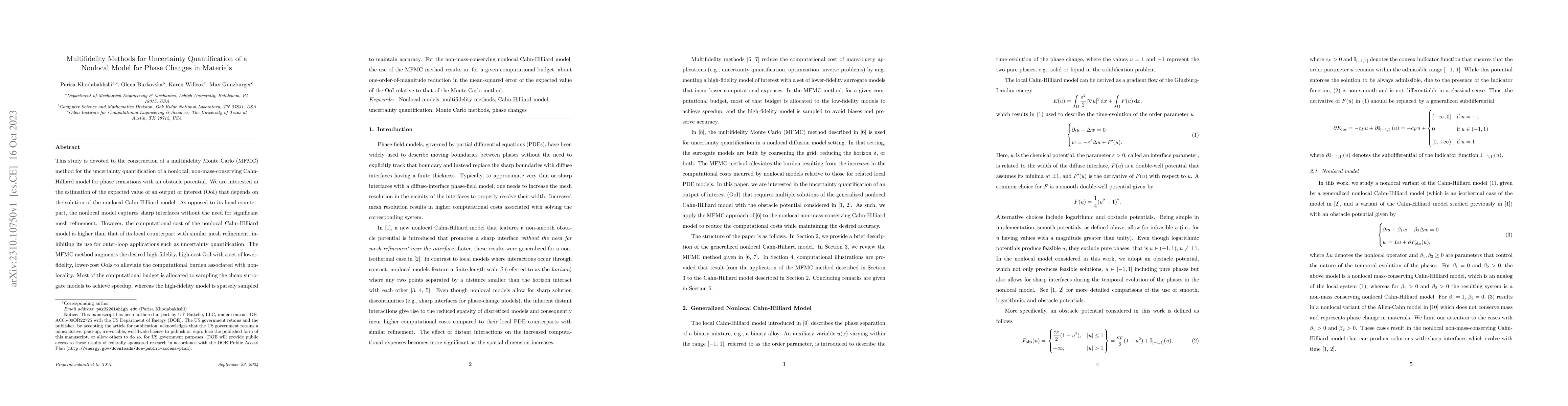 Thumbnail for Multifidelity Methods for Uncertainty Quantification of a Nonlocal Model
  for Phase Changes in Materials