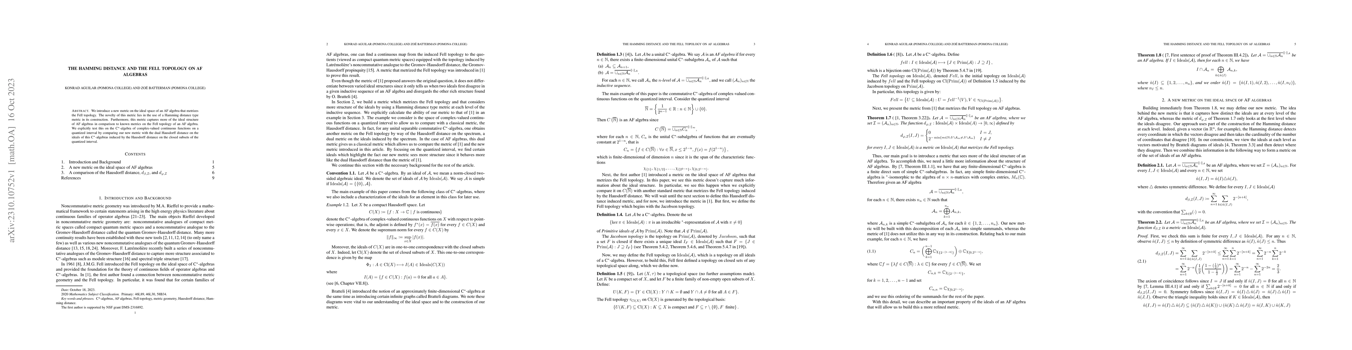 Thumbnail for The Hamming Distance and the Fell Topology on AF Algebras