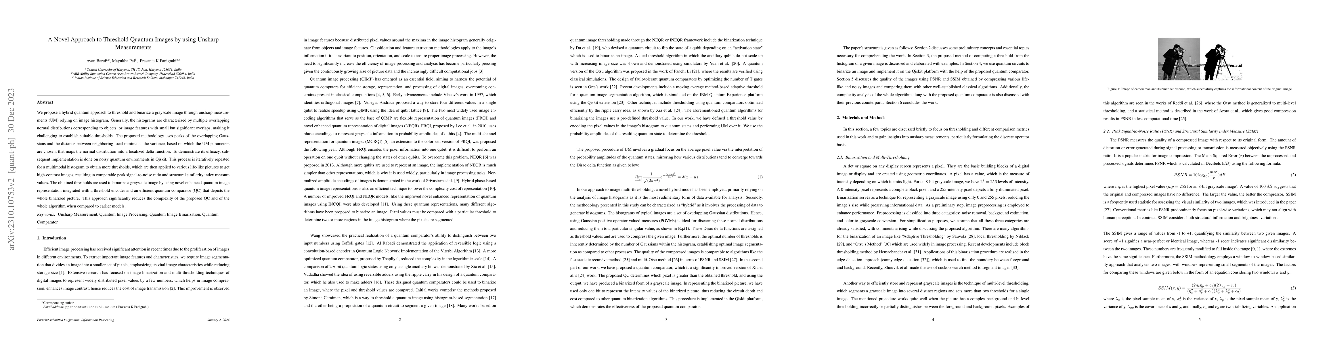 Thumbnail for A Novel Approach to Threshold Quantum Images by using Unsharp
  Measurements