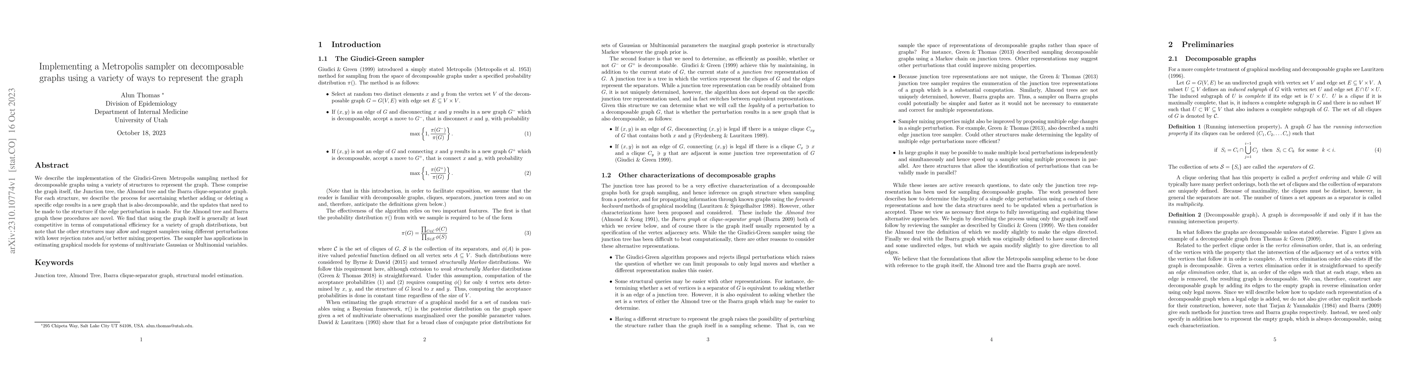 Thumbnail for Implementing a Metropolis sampler on decomposable graphs using a variety
  of ways to represent the graph