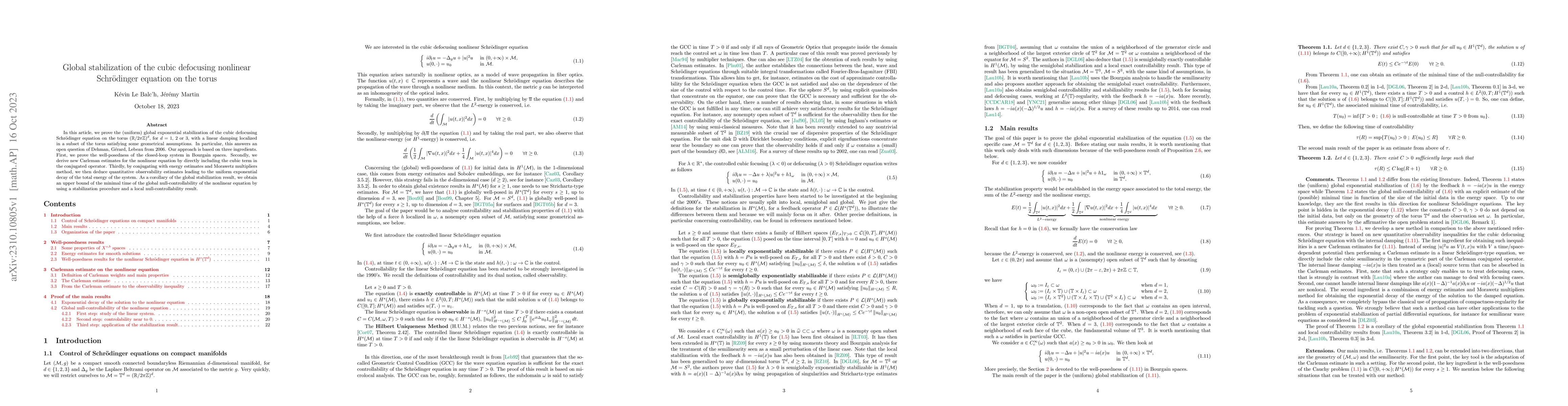 Thumbnail for Global stabilization of the cubic defocusing nonlinear Schr\"odinger
  equation on the torus