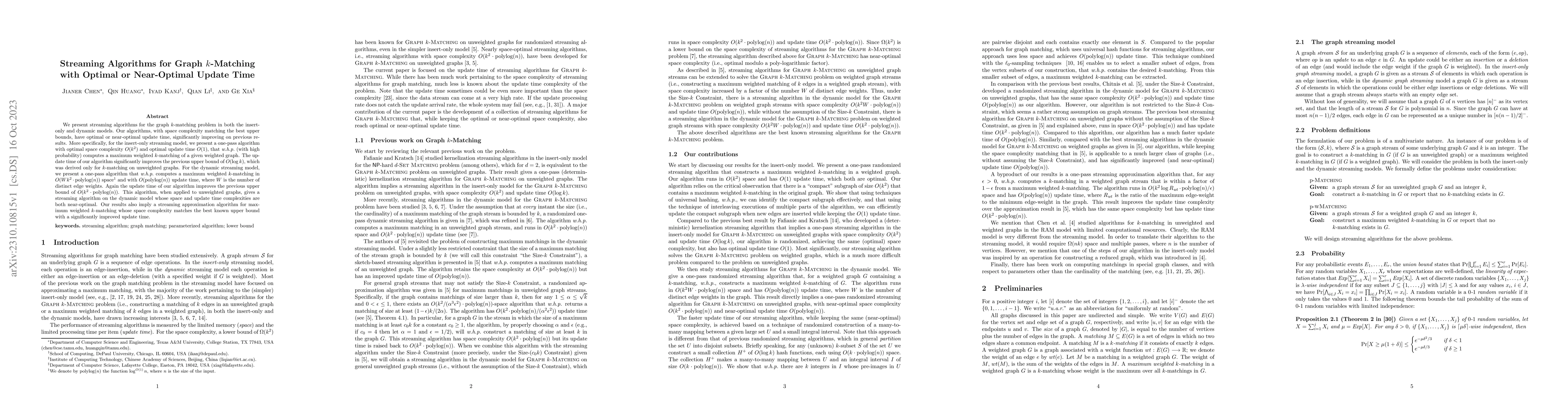 Thumbnail for Streaming Algorithms for Graph k-Matching with Optimal or Near-Optimal
  Update Time