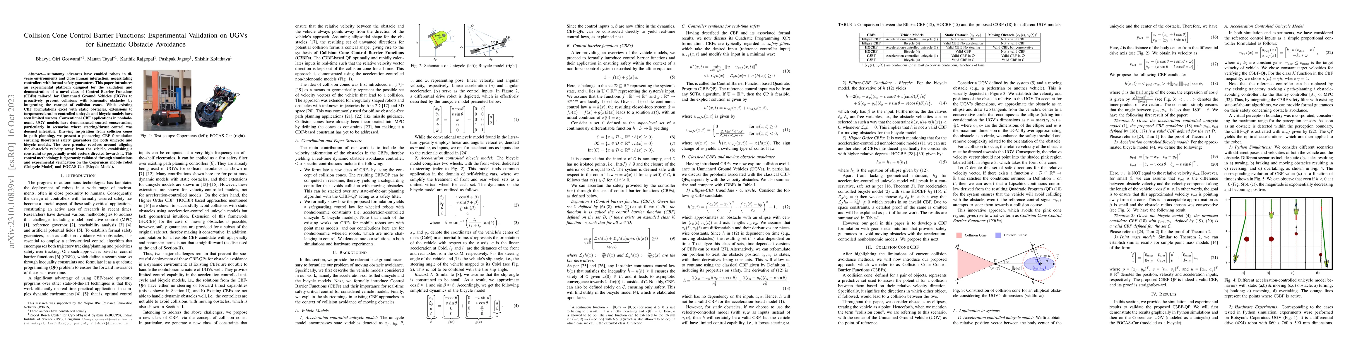Thumbnail for Collision Cone Control Barrier Functions: Experimental Validation on
  UGVs for Kinematic Obstacle Avoidance