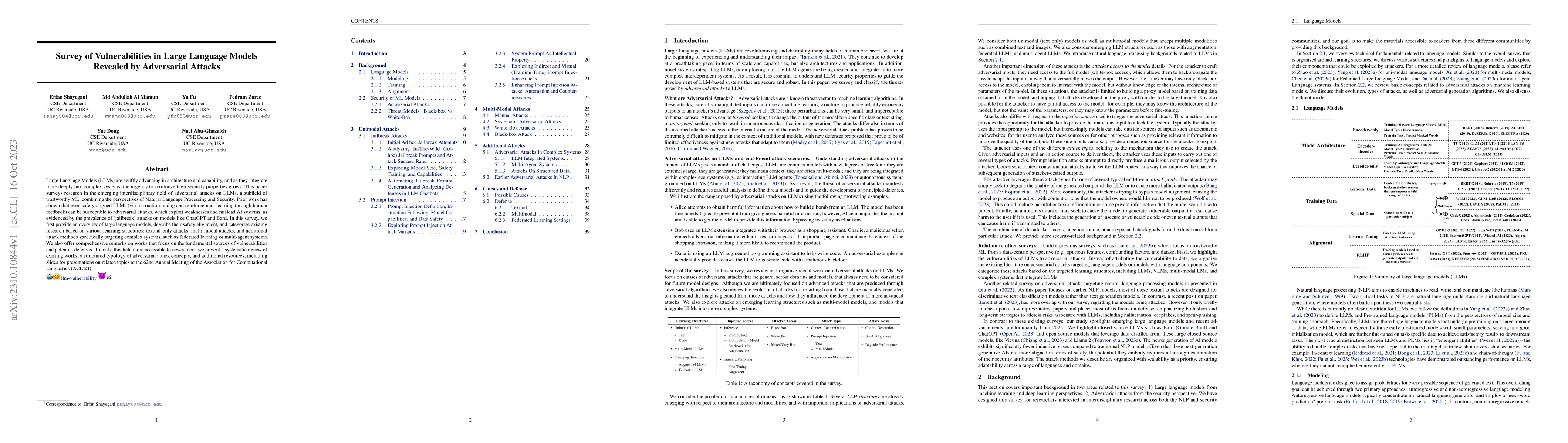 Thumbnail for Survey of Vulnerabilities in Large Language Models Revealed by
  Adversarial Attacks