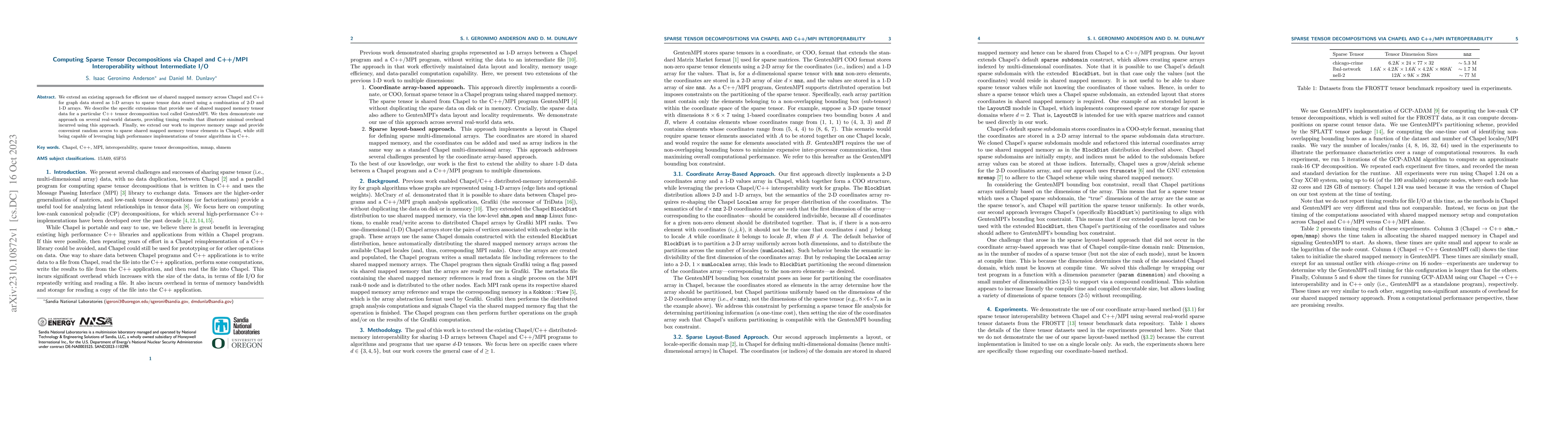 Thumbnail for Computing Sparse Tensor Decompositions via Chapel and C++/MPI
  Interoperability without Intermediate I/O
