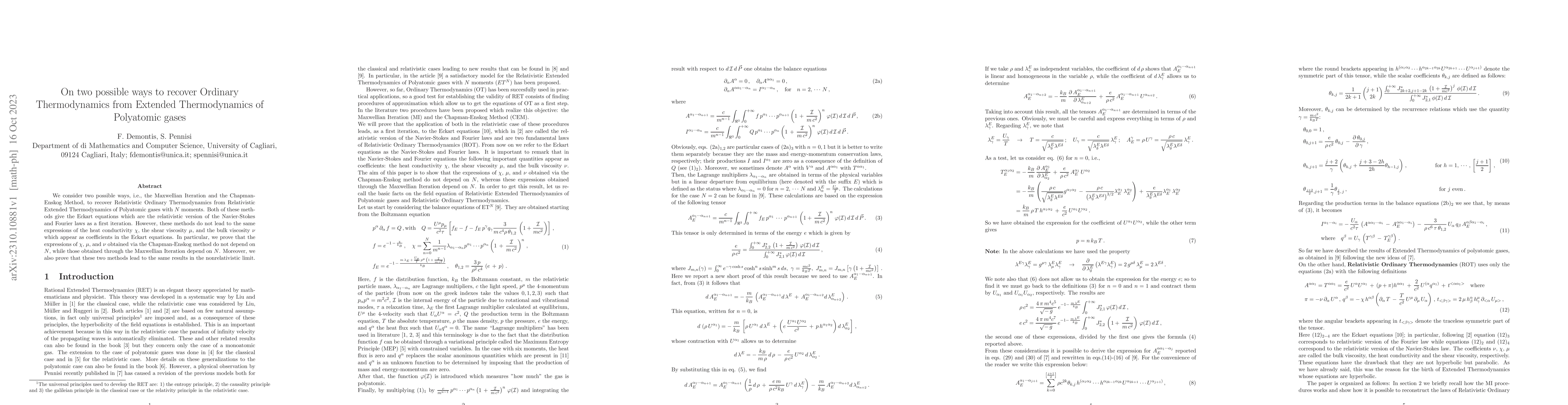 Thumbnail for On two possible ways to recover Ordinary Thermodynamics from Extended
  Thermodynamics of Polyatomic gases