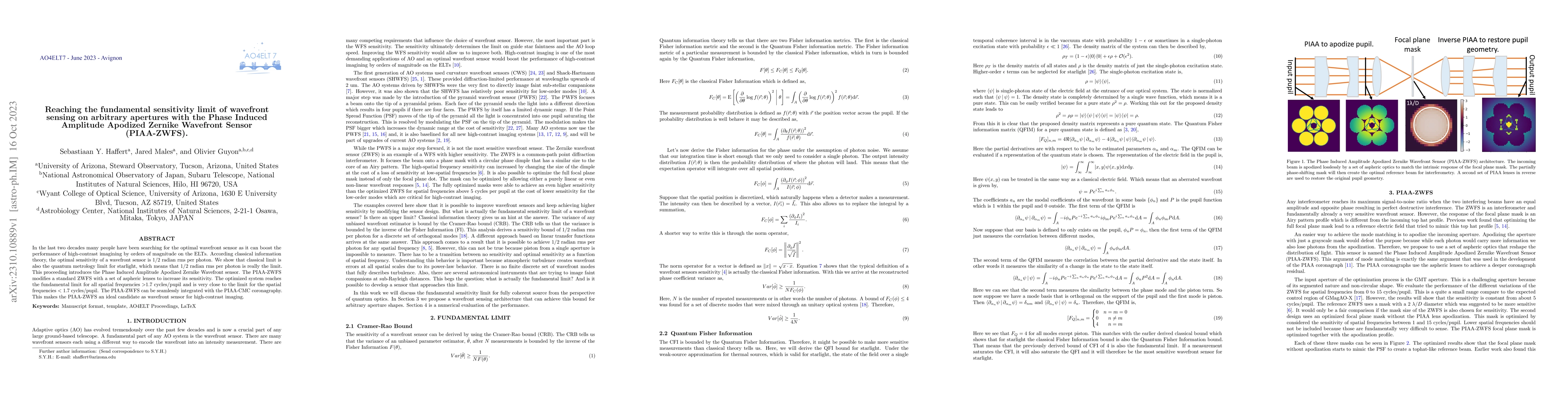 Thumbnail for Reaching the fundamental sensitivity limit of wavefront sensing on
  arbitrary apertures with the Phase Induced Amplitude Apodized Zernike
  Wavefront Sensor (PIAA-ZWFS)