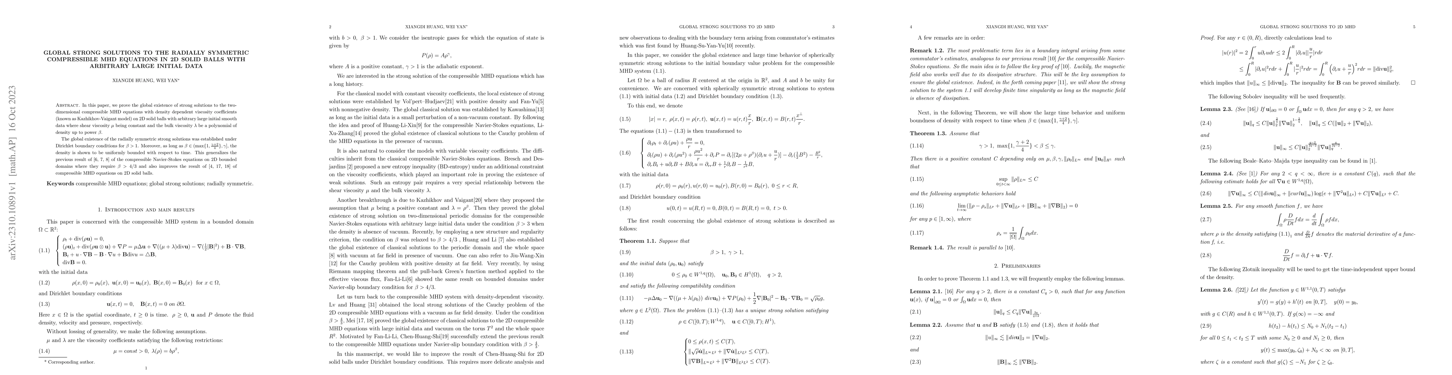 Thumbnail for Global strong solutions to the radially symmetric compressible MHD
  equations in 2D solid balls with arbitrary large initial data