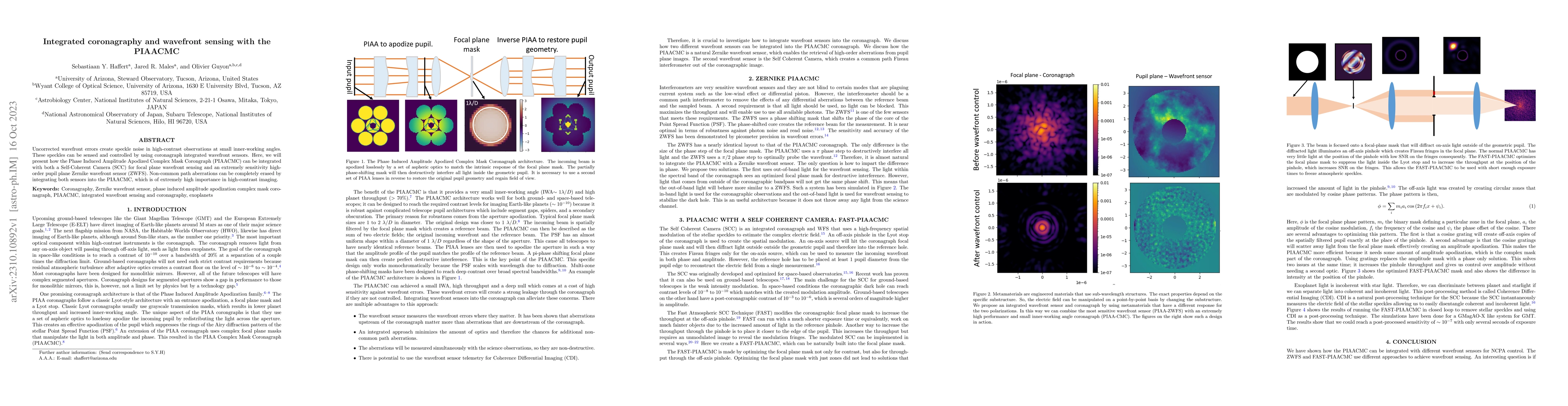 Thumbnail for Integrated coronagraphy and wavefront sensing with the PIAACMC